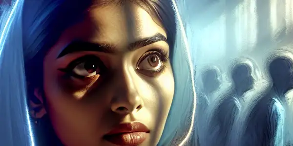 A young woman embodies innocence and desire in a dimly lit, romantic atmosphere, surrounded by abstract hints of passion.