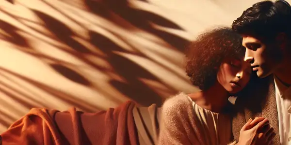 A tender couple shares an intimate moment in a cozy, dimly-lit room filled with soft fabrics and warm tones.