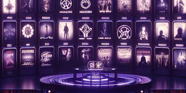 A futuristic digital library showcasing organized categories of erotic content on glowing screens in a moody atmosphere.