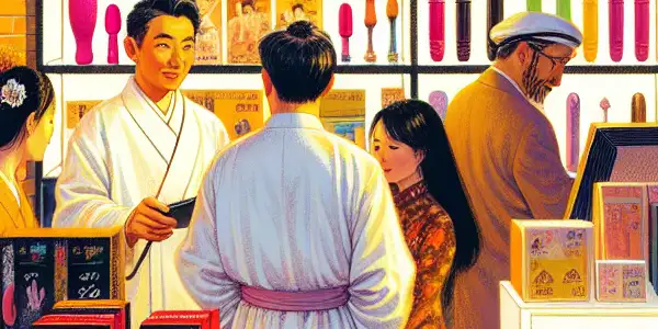 A vibrant adult store in Kunming, featuring shelves of toys, films, and diverse customers exploring the inviting atmosphere.