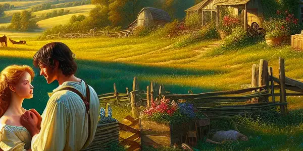 A charming rural scene featuring a farmer's daughter and a visitor sharing a playful, intimate moment in a picturesque landscape.