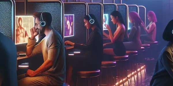 A dimly lit internet cafe with private booths, individuals focused on colorful screens, evoking secrecy and nostalgia.