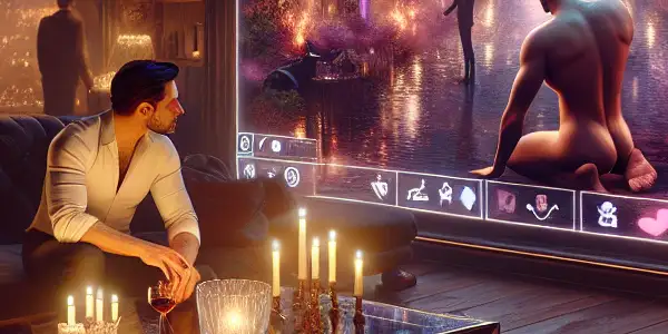 A luxurious, dimly-lit lounge featuring a human actor interacting with an animated character on a futuristic screen.