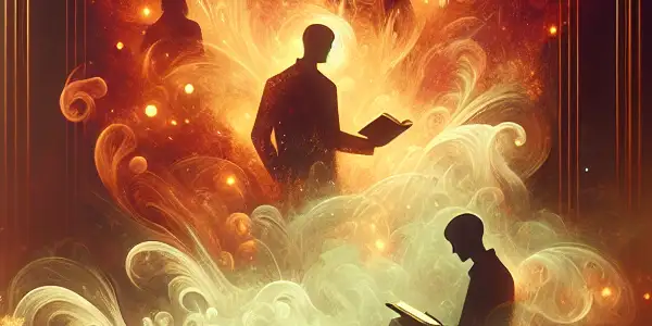 A cozy reading nook with erotic novels and a glowing screen, featuring a romantic couple's silhouette in mist.