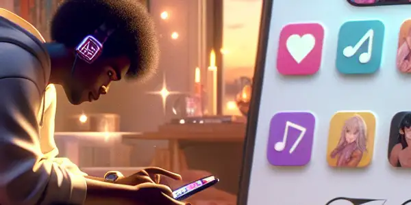 A cozy living space with a young adult enjoying anime, featuring a smartphone with playful ringtone options and a lounging cat.