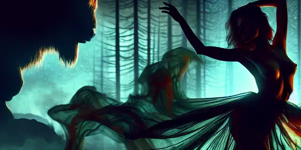 A captivating figure dances in a dark forest, silhouetted by a looming mythical beast, embodying primal sensuality and adventure.