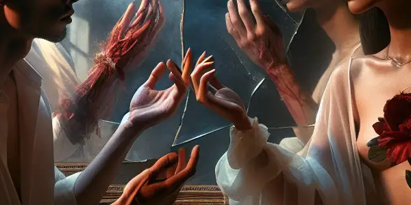 A dimly lit room depicts two figures embodying longing and guilt, surrounded by symbols of desire and betrayal.