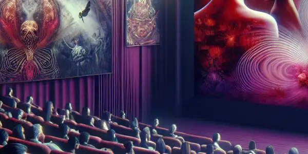 An intimate film screening room with diverse viewers captivated by a surreal, erotic-themed film.