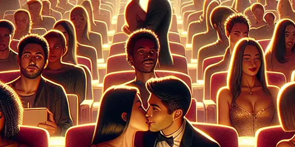 A vibrant cinema hall filled with diverse couples selecting films, radiating romance and allure.