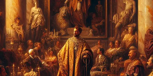 A lavish Roman palace scene depicting intimate interactions among characters in Baroque attire, exuding power and seduction.