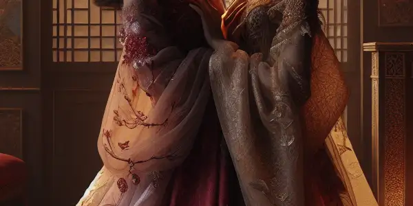 Two women in a tender embrace, surrounded by a cozy, romantic setting with warm colors and cherry blossoms.