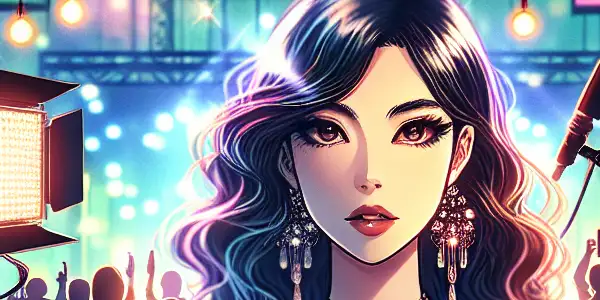 A vibrant Japanese film set featuring a glamorous AV actress amidst bold lights, cameras, and crew silhouettes.