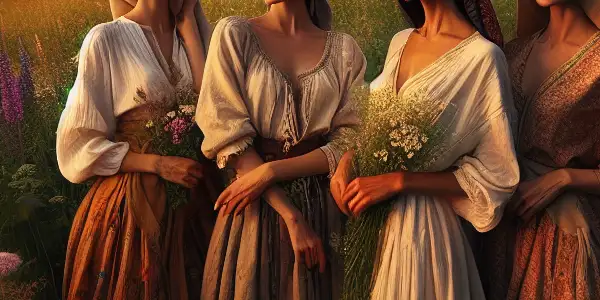 A serene countryside scene featuring empowered rural women in traditional attire, surrounded by lush fields and a vibrant sunset.