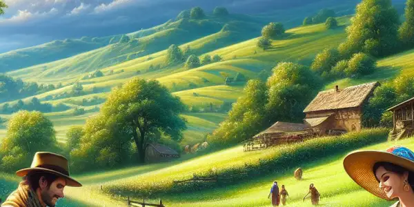 A romantic rural scene featuring a woman in traditional attire sharing a joyful moment with her partner among wildflowers.