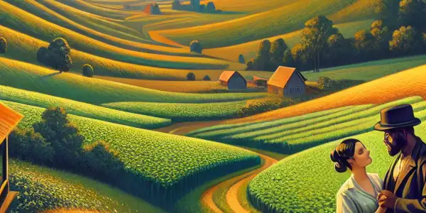 A romantic couple shares an intimate moment in a serene countryside landscape at sunset, with elements of classic literature.