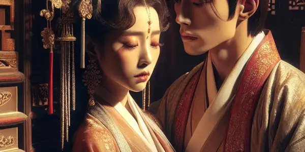 A passionate couple in traditional Hanfu amidst an opulent ancient Chinese palace, embodying romance and intrigue.