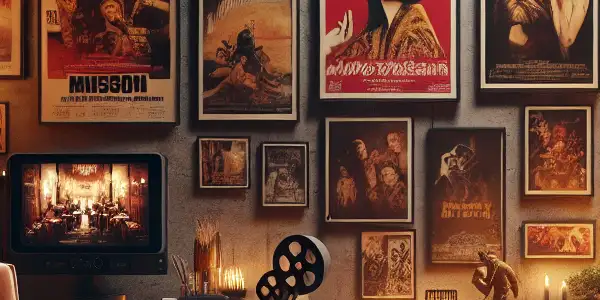 A cozy, dimly lit room showcasing vintage film posters and modern screens displaying diverse adult movie genres.