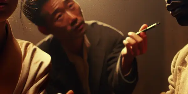 A softly lit room captures two actors in a tense emotional exchange, hinting at a taboo romance.