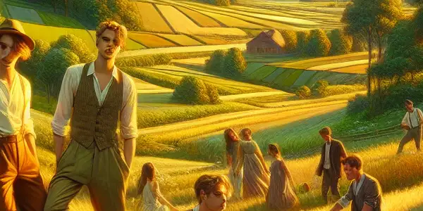 A playful group of young adults enjoying a romantic, vibrant countryside setting at golden hour.