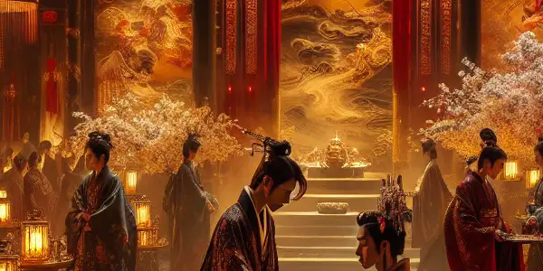 A tense encounter between elegantly dressed nobles in an opulent ancient palace during the Heian period.