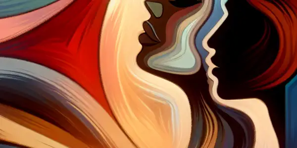 A romantic encounter between two abstract figures in a vibrant, dreamlike setting, evoking intimacy and emotional release.