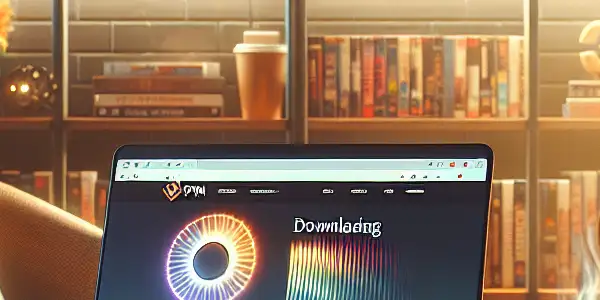 A cozy workspace with a laptop displaying adult film thumbnails, surrounded by DVDs, ambient lighting, and a steaming cup.