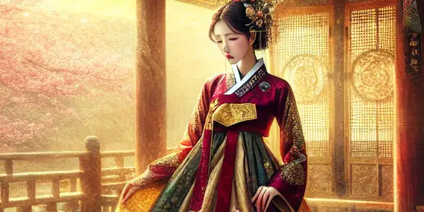 A beautiful woman in a vibrant hanbok poses gracefully in an ancient Korean garden with cherry blossoms.