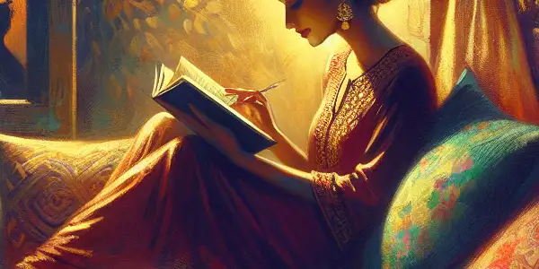 A woman reading "Fifty Shades of Grey" in a cozy, intimate nook with romantic elements and soft lighting.