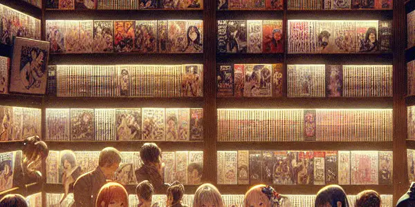 A vibrant room filled with colorful manga, featuring diverse characters engaged in lively discussions and playful intrigue.