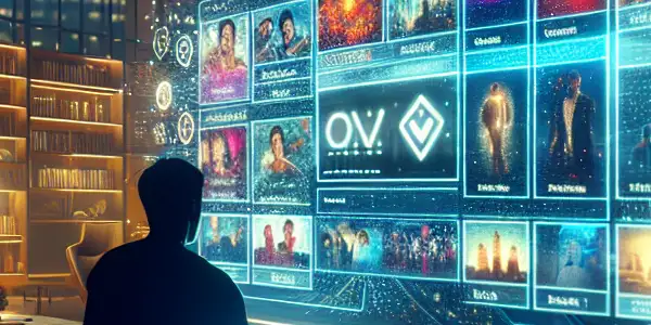 A cozy, dimly lit room featuring a futuristic adult website interface on a monitor, with a silhouette browsing anonymously.