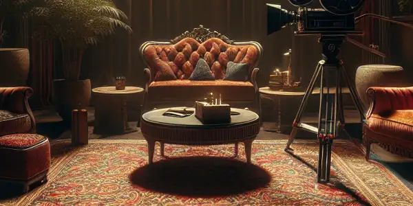 A luxurious, erotic-themed carpet on a dimly lit adult film set, surrounded by plush furniture and soft shadows.