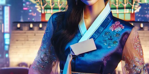 A confident female figure in a stylish outfit stands in a vibrant, neon-lit urban night scene, embodying Korean glamour.